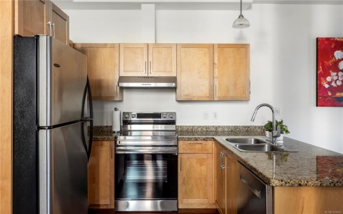 107-827 Fairfield Rd, Victoria, BC - Indoor Photo Showing Kitchen With Double Sink