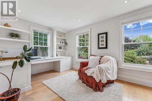 Office with Built-In Desk, Cabinetry and Shelving - 335 Lakeshore Road W, Oakville, ON - Indoor Photo Showing Office