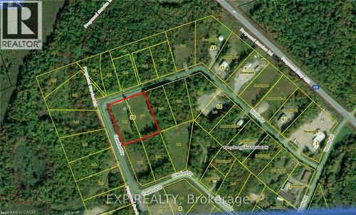 Aerial map of property and surrounding area with property parcel outlined - 20 Ritchie Drive, Carling, ON 