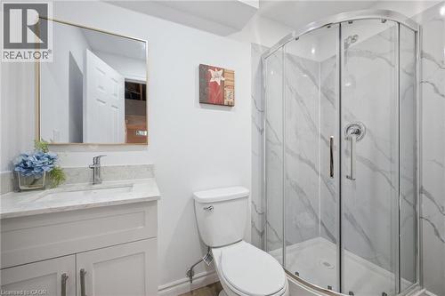 Bathroom featuring vanity and a marble finish shower - 599 Beechwood Drive, Waterloo, ON - Indoor Photo Showing Bathroom