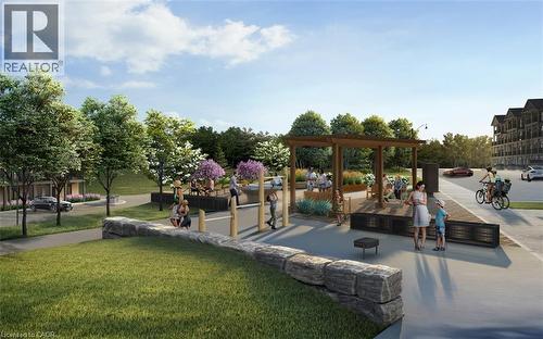 View of property's community featuring a pergola, a patio, and a lawn - 235 Blair Creek Drive Unit# 12, Kitchener, ON - Outdoor