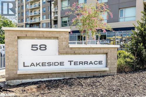 View of community / neighborhood sign - 58 Lakeside Terrace Unit# 201, Barrie, ON - Outdoor With Balcony