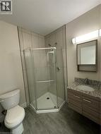 Full bathroom featuring vanity, a stall shower, and dark tile patterned floors - 