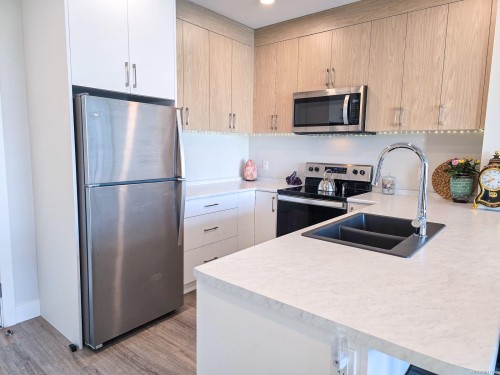 204-6544 Metral Dr, Nanaimo, BC - Indoor Photo Showing Kitchen With Stainless Steel Kitchen With Double Sink With Upgraded Kitchen