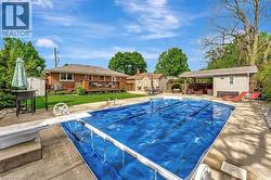 View of pool featuring a storage shed, a patio, and a diving board - 