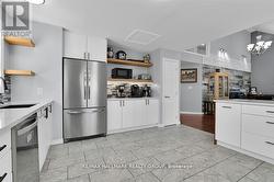 Open wood shelving. - 