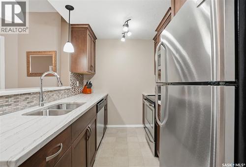 201 1220 Blackfoot Drive, Regina, SK - Indoor Photo Showing Kitchen With Stainless Steel Kitchen With Double Sink With Upgraded Kitchen