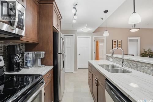 201 1220 Blackfoot Drive, Regina, SK - Indoor Photo Showing Kitchen With Stainless Steel Kitchen With Double Sink With Upgraded Kitchen