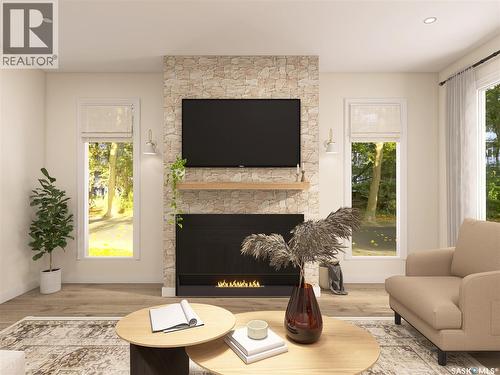 13 Sunterra Drive, Shields, SK - Indoor Photo Showing Living Room With Fireplace