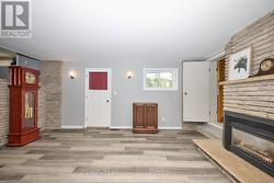 Rec room on the lower level with door & fireplace - 