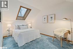 Carpeted bedroom featuring lofted ceiling and a skylight - 