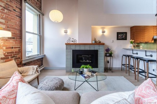 317-599 Pandora Ave, Victoria, BC - Indoor Photo Showing Living Room With Fireplace
