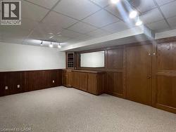 Finished basement with a paneled ceiling, light colored carpet, wooden walls, a wainscoted wall, and track lighting - 