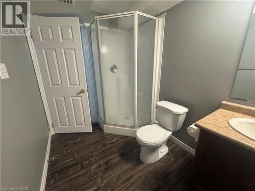 Bathroom featuring vanity, a shower stall, and dark wood finished floors - 211 Snowdrop Crescent Unit# Lower, Kitchener, ON - Indoor Photo Showing Bathroom