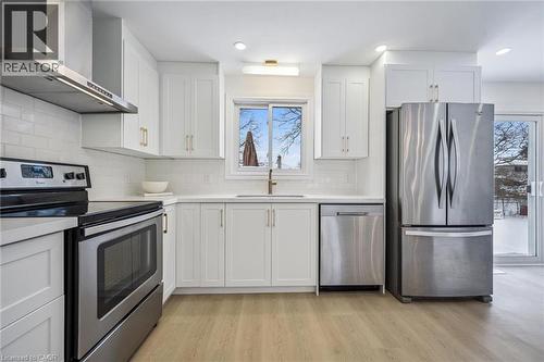 Kitchen featuring stainless steel appliances, wall chimney range hood, white cabinetry, and backsplash - 21 Forest Glen Court, Kitchener, ON - Indoor Photo Showing Kitchen