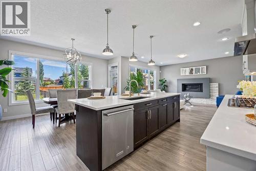144 Legacy Mount Se, Calgary, AB - Indoor Photo Showing Kitchen With Fireplace With Double Sink With Upgraded Kitchen