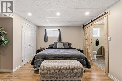Bedroom featuring a barn door, light wood-type flooring, multiple windows, and a paneled ceiling - 230 Saugeen Street, Grey Highlands, ON - Indoor Photo Showing Bedroom