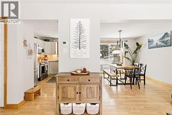 Kitchen with light wood-style flooring, light countertops, pendant lighting, and appliances with stainless steel finishes - 