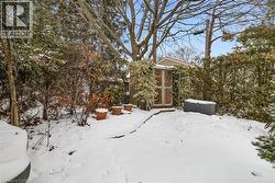 Snowy yard with a storage unit - 