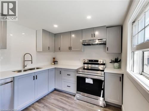 Kitchen with stainless steel appliances, under cabinet range hood, gray cabinetry, a sink, and light wood-style flooring - 54 Fairview Avenue, Hamilton, ON - Indoor Photo Showing Kitchen With Double Sink