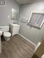 Bathroom with vanity and dark wood-style flooring - 