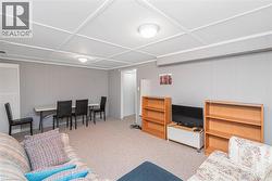 Living room featuring light carpet and wooden walls - 