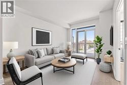 Living room with light wood-style flooring and baseboards - 