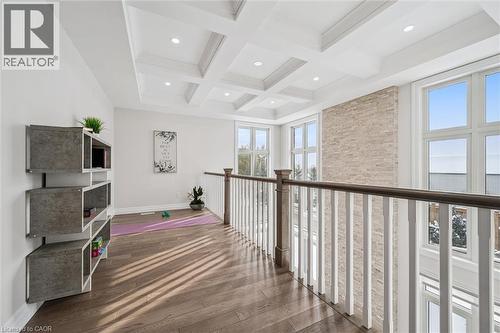 Hall featuring coffered ceiling, beam ceiling, hardwood / wood-style flooring, and recessed lighting - 263 Chestnut Ridge, Waterloo, ON - Indoor Photo Showing Other Room