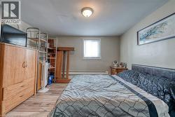 Bedroom with light wood-style flooring and a baseboard radiator - 