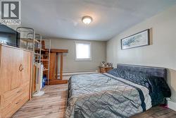 Bedroom featuring light wood-style floors and a baseboard heating unit - 