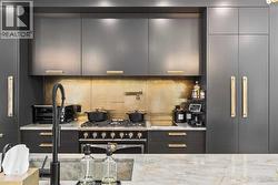 CUSTOM BACKSPLASH WITH POTFILLER, WOLF IINDUCTION BURNER AND CUSTOM QUARTZITE SINK - 