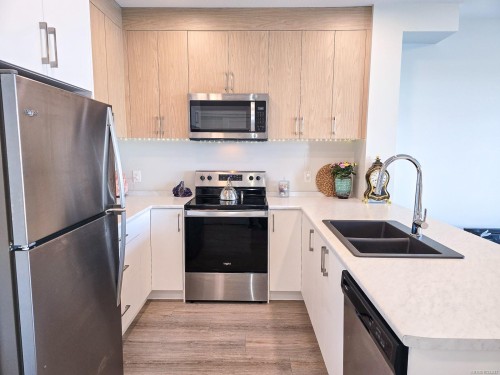 204-6544 Metral Dr, Nanaimo, BC - Indoor Photo Showing Kitchen With Stainless Steel Kitchen With Double Sink With Upgraded Kitchen