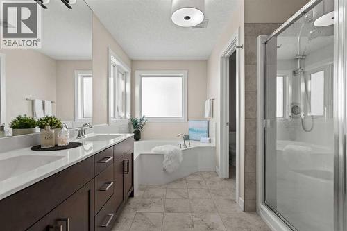 Spa-like ensuite with double sinks - 69 Ravenskirk Close Se, Airdrie, AB - Indoor Photo Showing Bathroom