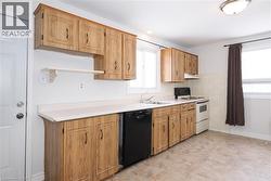 Kitchen with light countertops, white range with electric stovetop, black dishwasher, under cabinet range hood, and open shelves - 