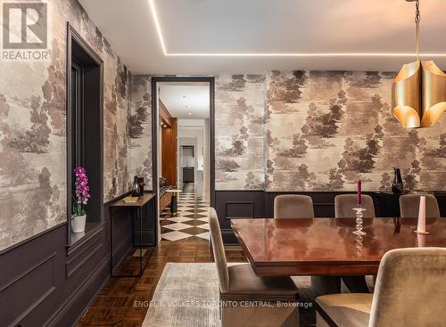 Accented by luxurious textured wallpaper - 1 Bryce Avenue, Toronto, ON - Indoor Photo Showing Dining Room