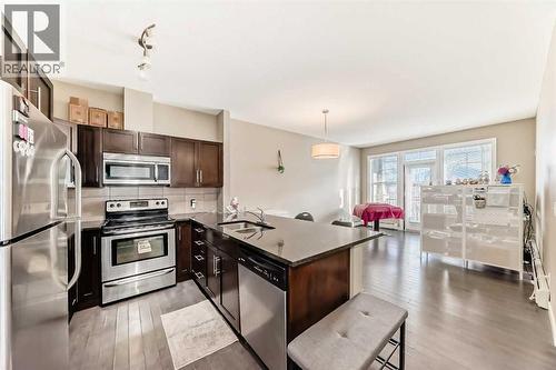 312, 48 Panatella Road Nw, Calgary, AB - Indoor Photo Showing Kitchen With Double Sink