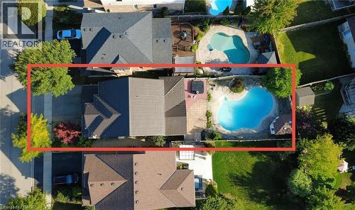 Aerial overview of property's location with property parcel outlined - 443 Lausanne Crescent, Waterloo, ON - Outdoor