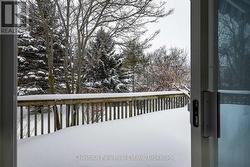 Large exterior deck and mature trees in yard. - 