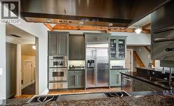 Kitchen with under cabinet range hood, stainless steel appliances, dark stone counters, glass insert cabinets, and a warming drawer - 