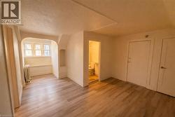 Additional living space with light wood-type flooring, a textured ceiling, radiator heating unit, and arched walkways - 