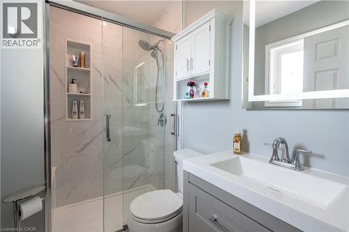 Bathroom with vanity and a marble finish shower - 29 Armstrong Crescent, Grey Highlands, ON - Indoor Photo Showing Bathroom