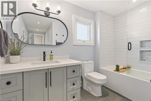 Full bath with vanity, combined bath / shower with glass door, and recessed lighting - 697 Lambshead Drive, Burlington, ON - Indoor Photo Showing Bathroom