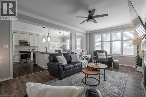 Living room featuring crown molding, dark wood finished floors, a fireplace with raised hearth, ceiling fan and huge windows complete with wood California shutters. - 115 Larry Crescent, Caledonia, ON - Indoor Photo Showing Living Room