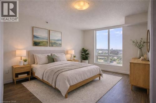 Virtually Staged - 150 Water Street N Unit# 1007, Cambridge, ON - Indoor Photo Showing Bedroom