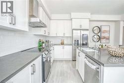 Kitchen with a sink, wall chimney exhaust hood, stainless steel appliances, white cabinetry, and backsplash - 
