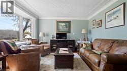 Living room with crown molding and wood finished floors - 