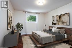 Bedroom with dark wood-style floors and baseboards - 