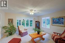 Sitting room with carpet flooring, a ceiling fan, and a textured ceiling - 