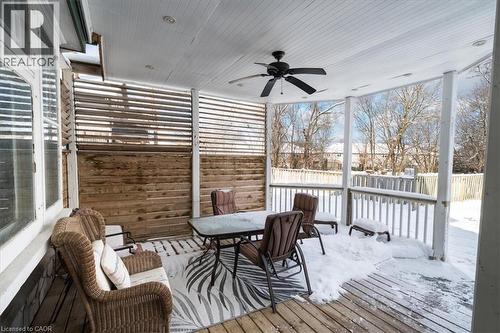 Snow covered deck featuring a ceiling fan and outdoor dining area - 184 Weber Street E, Kitchener, ON - Outdoor With Deck Patio Veranda With Exterior