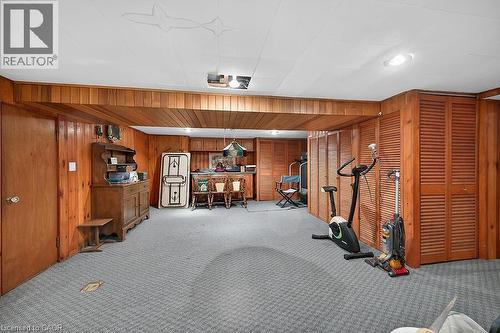Exercise area featuring carpet and wooden walls - 9 Daleview Court, Hamilton, ON - Indoor